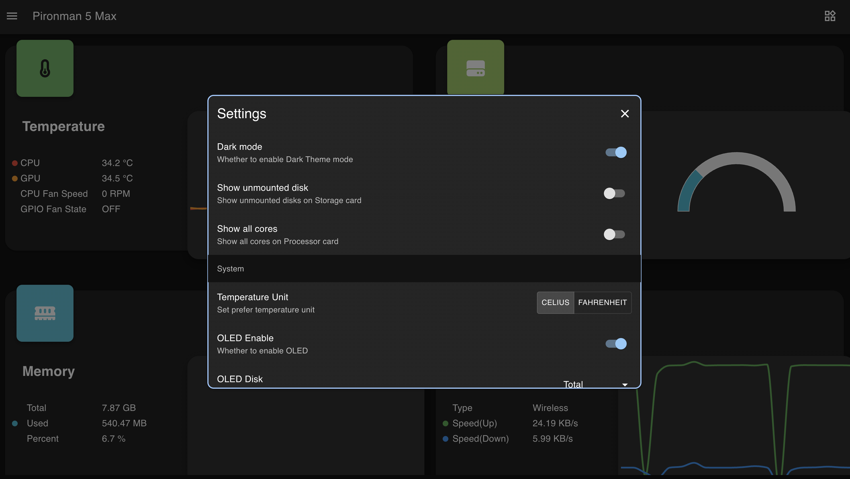 ダークモードにできたり、ファンや OLED の設定を色々変えられる
